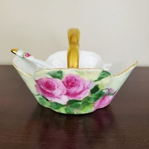 Antique Z. S. & Co. Bavaria Condiment Dish With Spoon - Signed Mrs. Myers 1900s